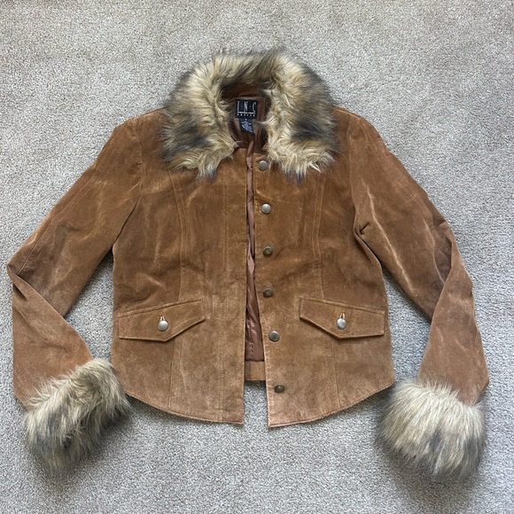INC Vintage y2k Brown Suede Leather with Faux Fur Cuffs and Collar Jacket - Picture 1 of 4